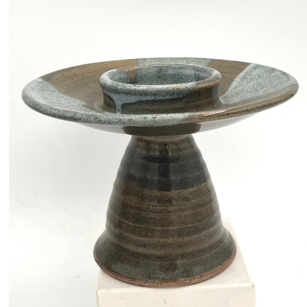 Mid Century Style Candleholder MCM Design  Stoneware artisan blue‎ brown
